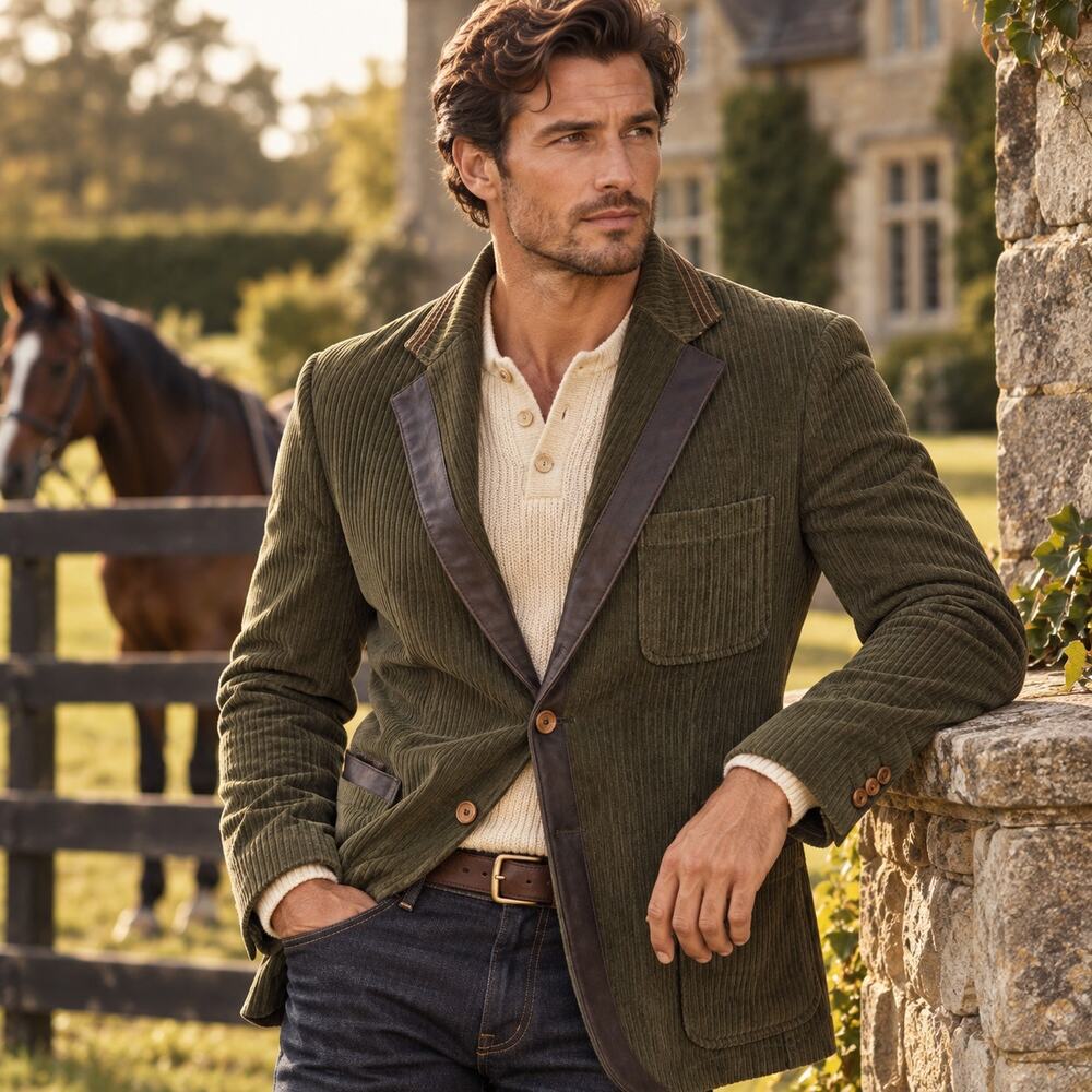 Robert Graham Men M Olive Wide Wale Corduroy Blazer Leather Trim Sport Coat